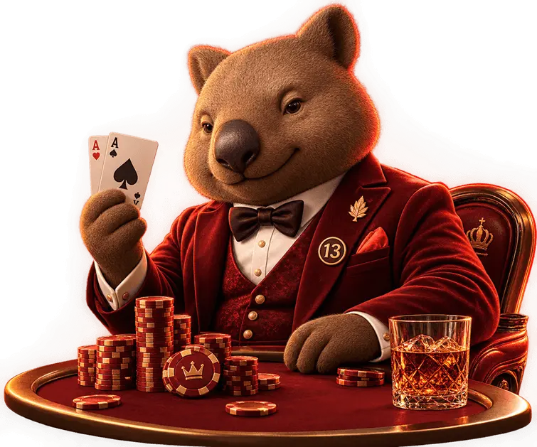 Mickey13 Casino mascot: a wombat in a red dinner jacket holding two aces at a table of chips